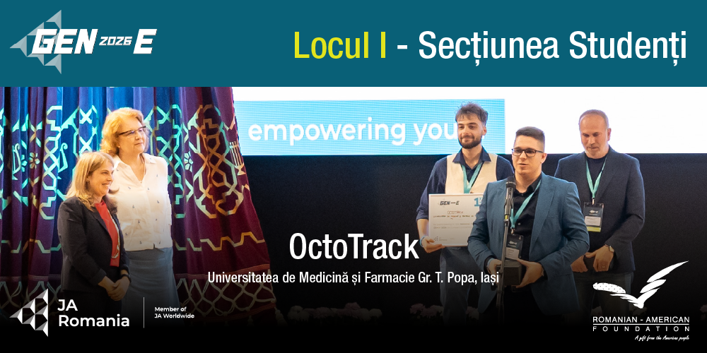 Echipa câștigătoare a competiției Gen-E, secțiunea „Studenți”: OCTOTRACK – Universitatea de Medicină și Farmacie „Gr. T. Popa”, Iași
